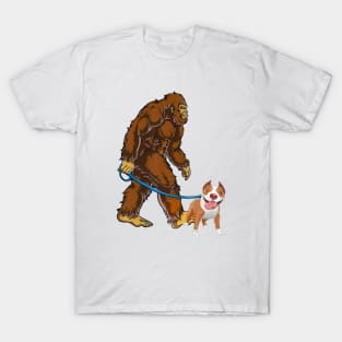 Funny Bigfoot Sasquatch Walking Pitbull T-Shirt